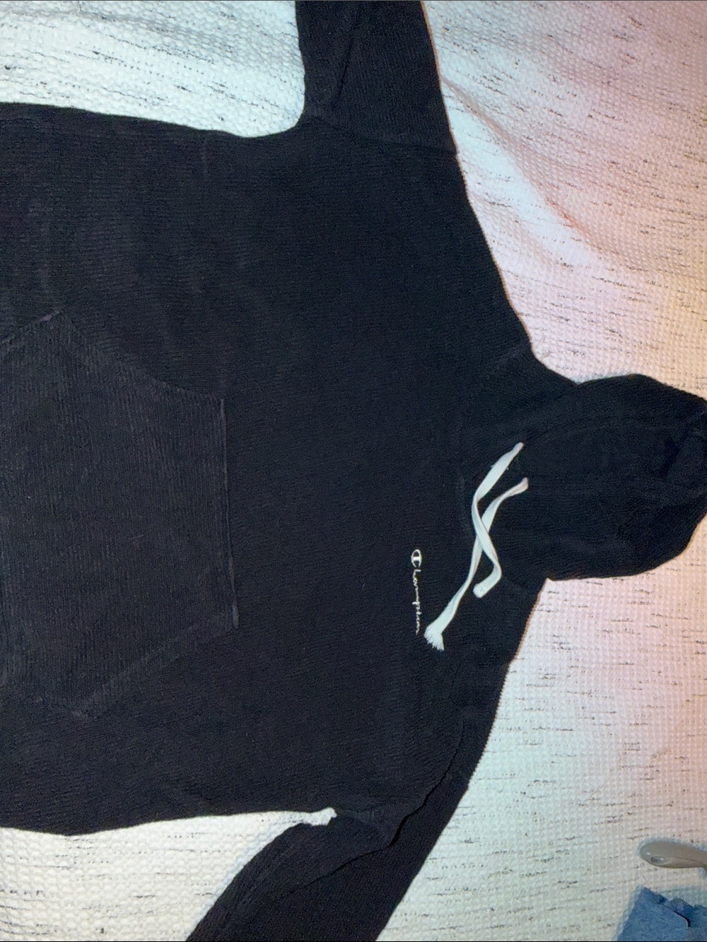 Champion Cropped Black Hoodie with White Drawstrings and Chest Script